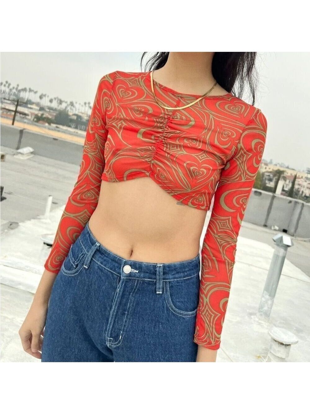 NEW Lisa Says Gah Elenor Ruched Centre Wild Hearts Long Sleeve Mesh Crop Top SM